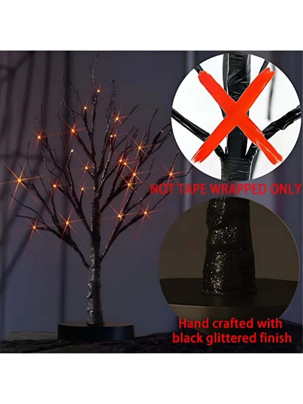 Fudios Black Halloween Tree with Lights 24 LED Orange with Timer, Lighted